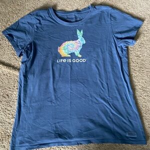 Life is Good Crusher Blue T-Shirt Rainbow Tye Dye Bunny Rabbit Women’s Large